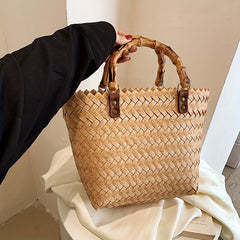 Straw Woven Casual Handbag Double Handle Beach Bag