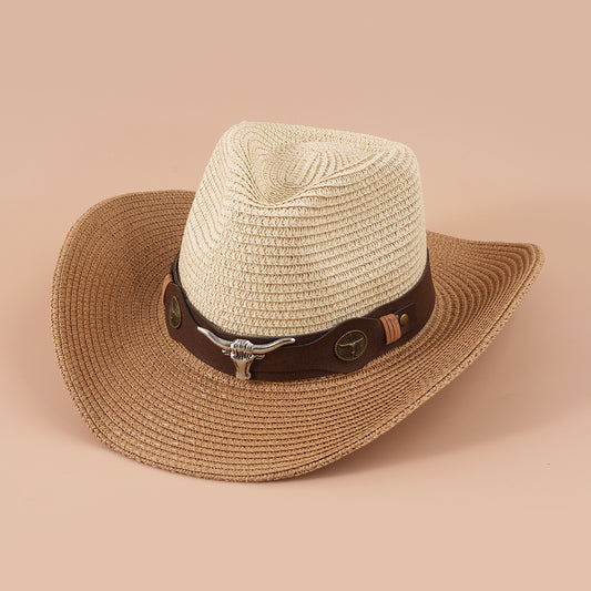 Big Cow Head Leather Belt Retro Outdoor Sunshade Western Cowboy Straw Hat
