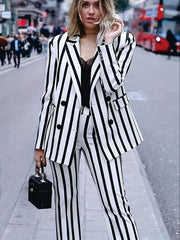 Stripe Print Blazer & Pants Suit Set