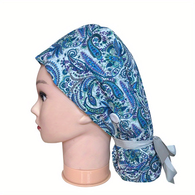 Floral Paisley Print Work Cap Vintage Adjustable Scrub Cap