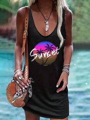 Sunset Print Tank Dress Sleeveless Casual Dress