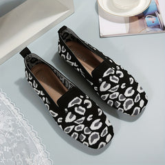 Leopard Print Flat Breathable Knit Shoes Lightweight Work Shoes