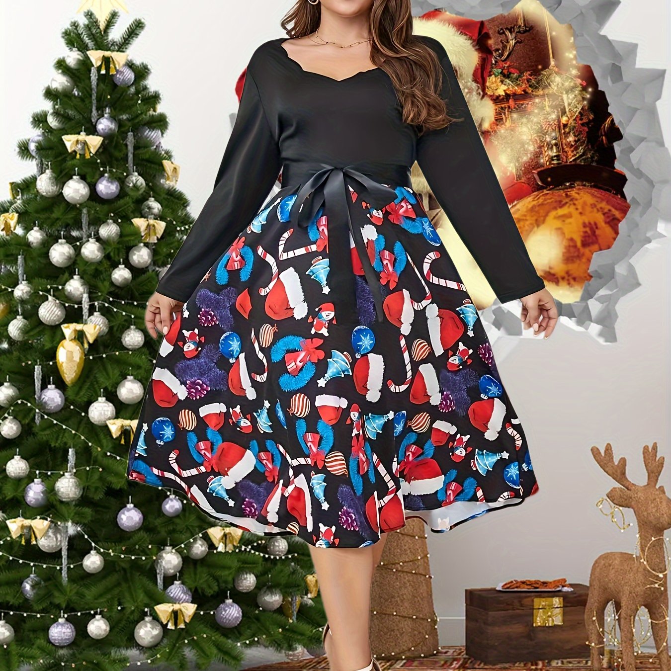  Colorblock Print V Neck Floral Trim Dress