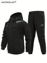 Men's Comfy Hooded Jacket & Stretch Pants Set for Outdoor Zipper Pocket