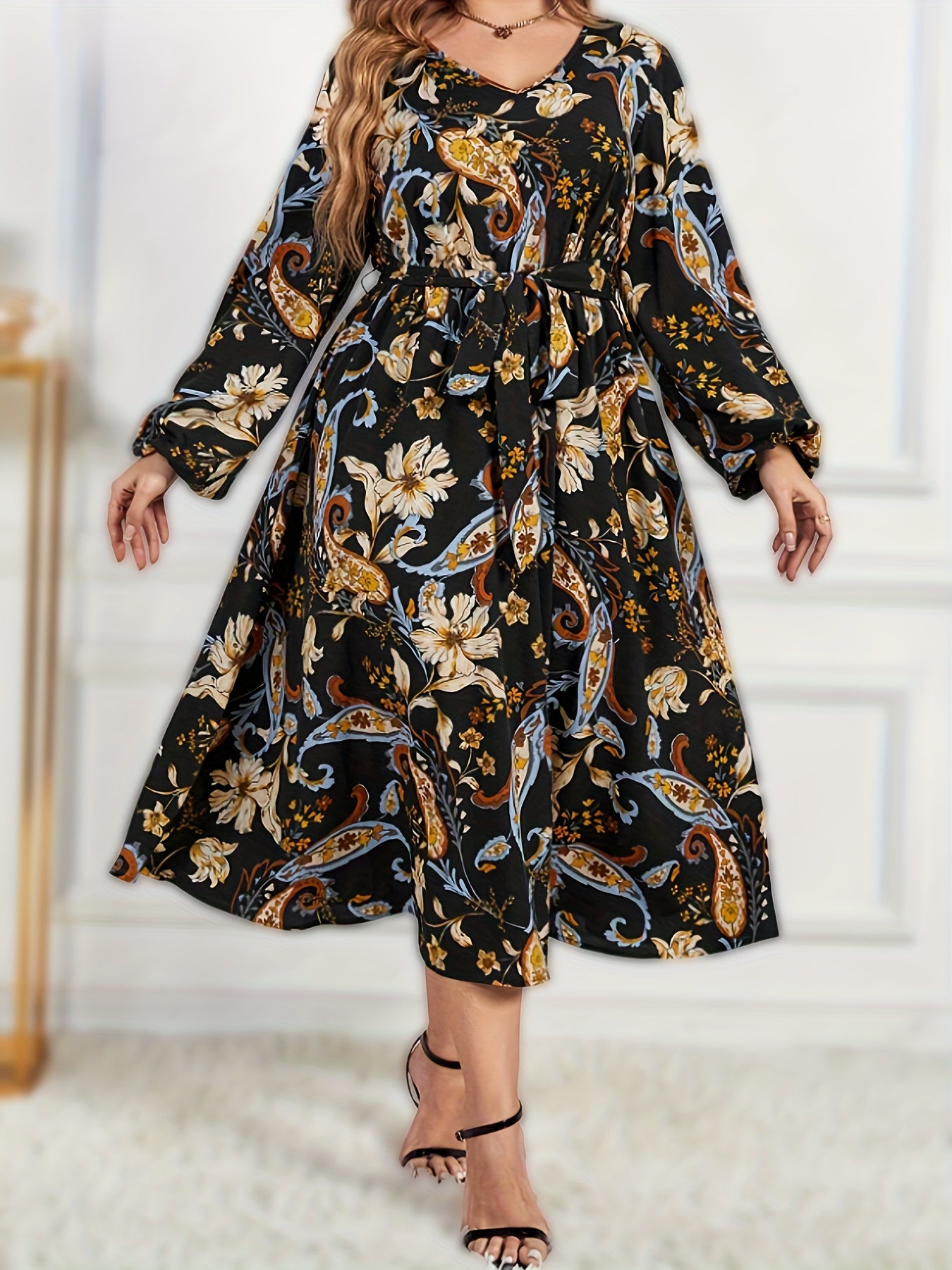  Paisley Print Long Sleeve V Neck Midi Dress With Belt