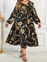  Paisley Print Long Sleeve V Neck Midi Dress With Belt