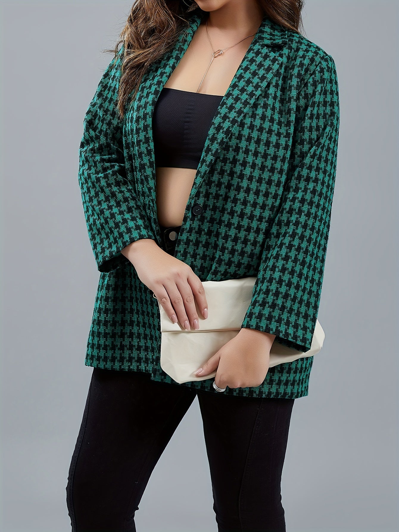  Houndstooth Print Long Sleeve Blazer