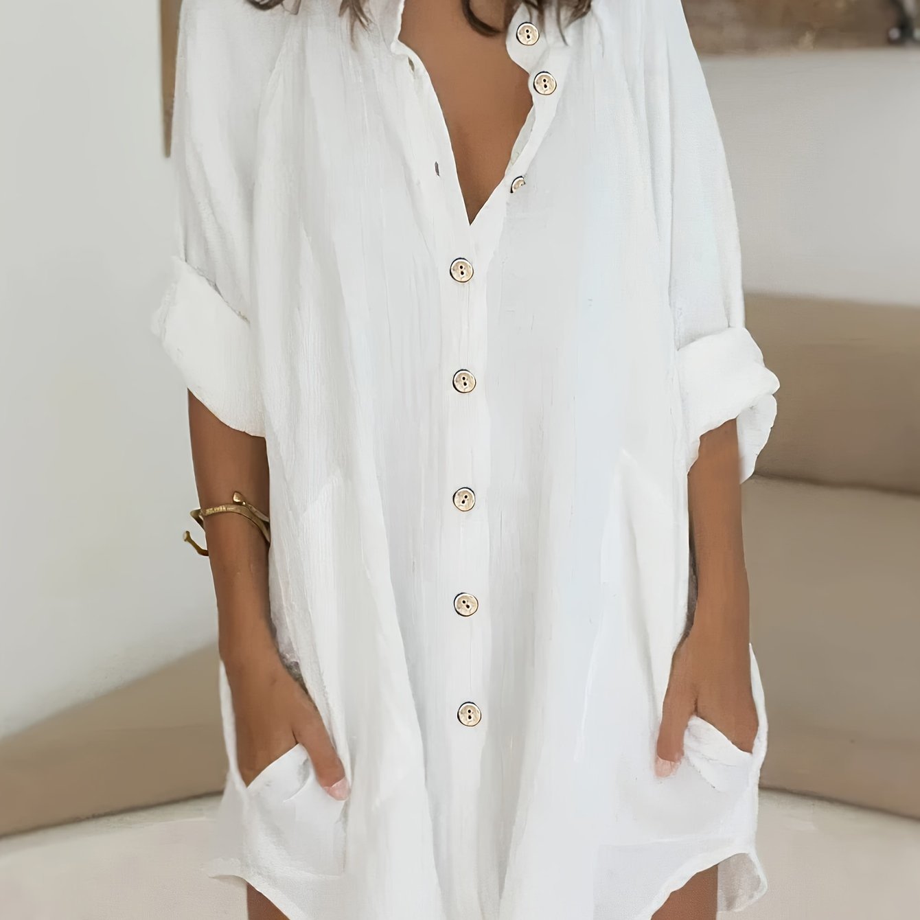  Solid Roll Up Sleeve Mock Neck Button Up Shirt Tunic Top