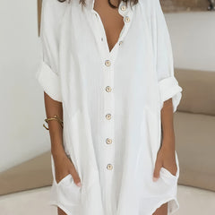  Solid Roll Up Sleeve Mock Neck Button Up Shirt Tunic Top