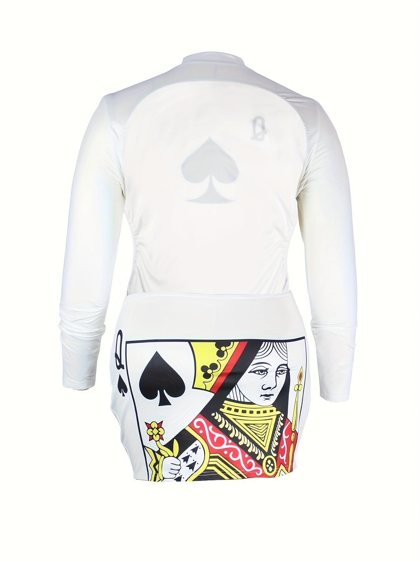 Women's Plus Poker Spade Q Print Long Sleeve Mock Neck Backless Mini Dress