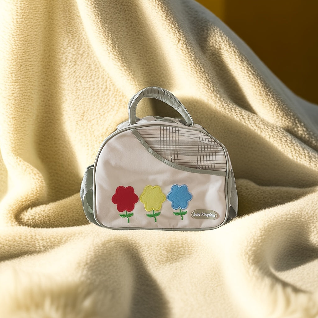 Beige Flower Embroidery Baby Nappy Bag Diaper Handbag with Zipper