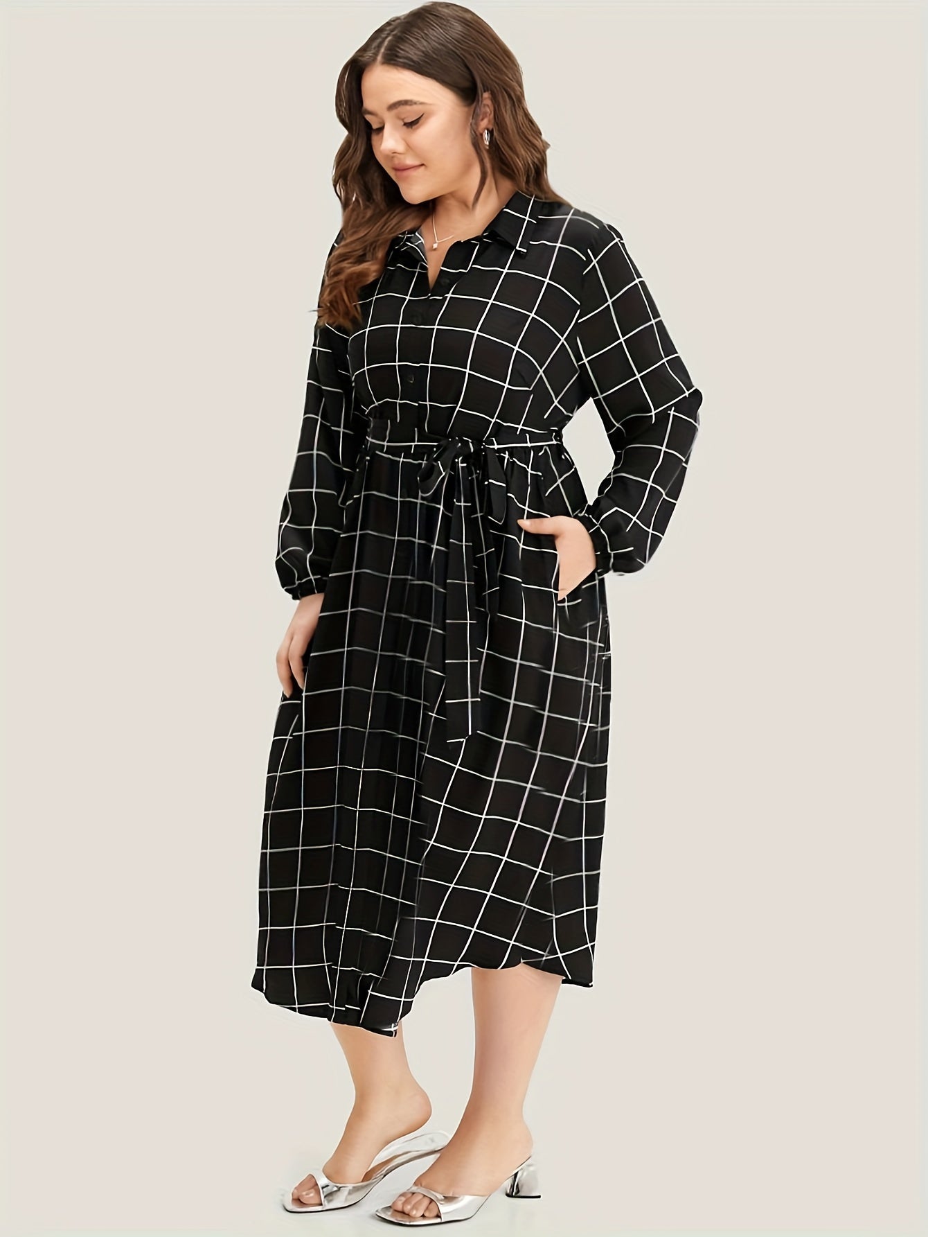  Women's Grid Print Long Sleeve Midi Shirt Dress