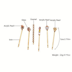 6pcs Faux Pearl Hairpin Enamel Hair Clip Women