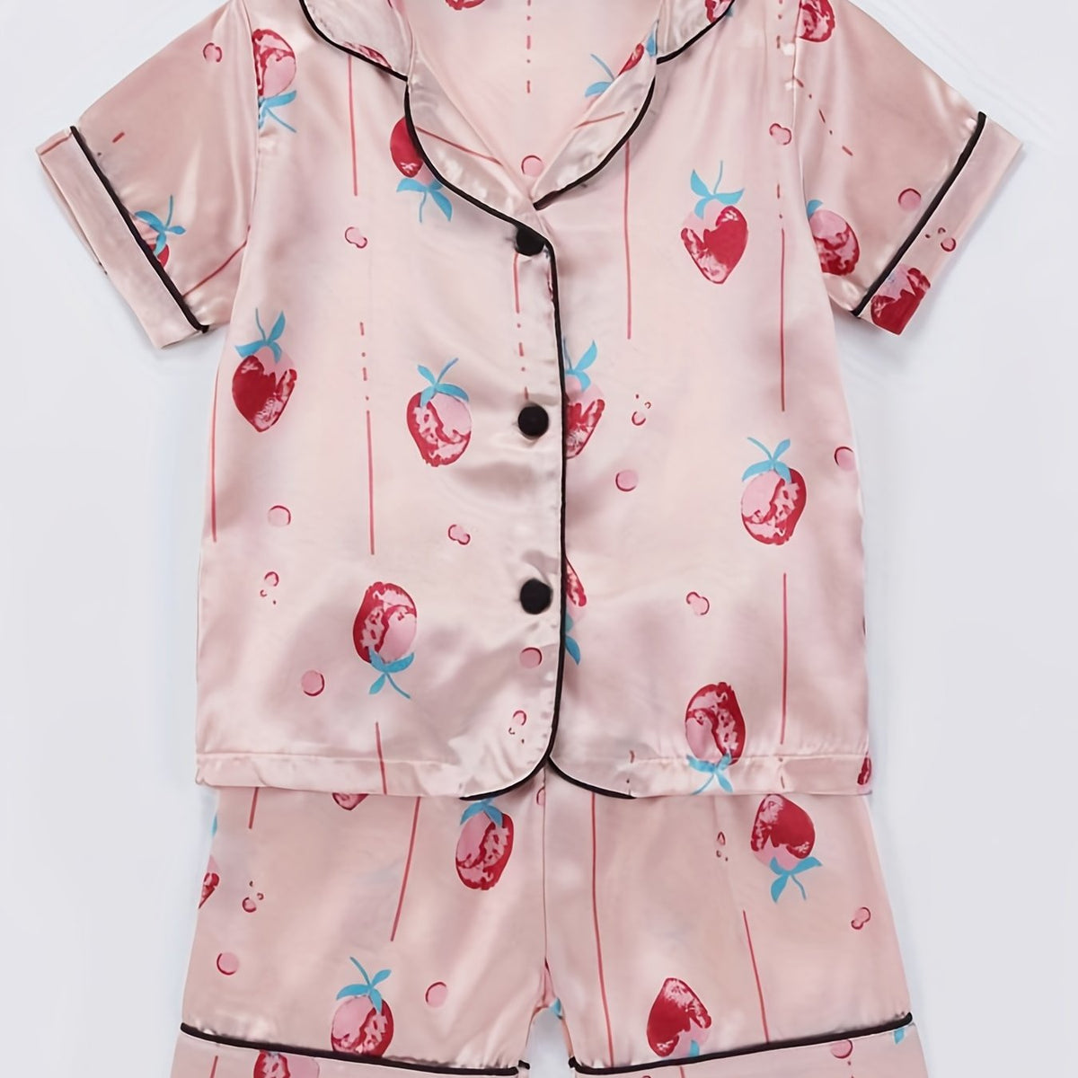 Girls 2 Piece Pajamas Strawberry Graphics Button Down Shirt & Shorts