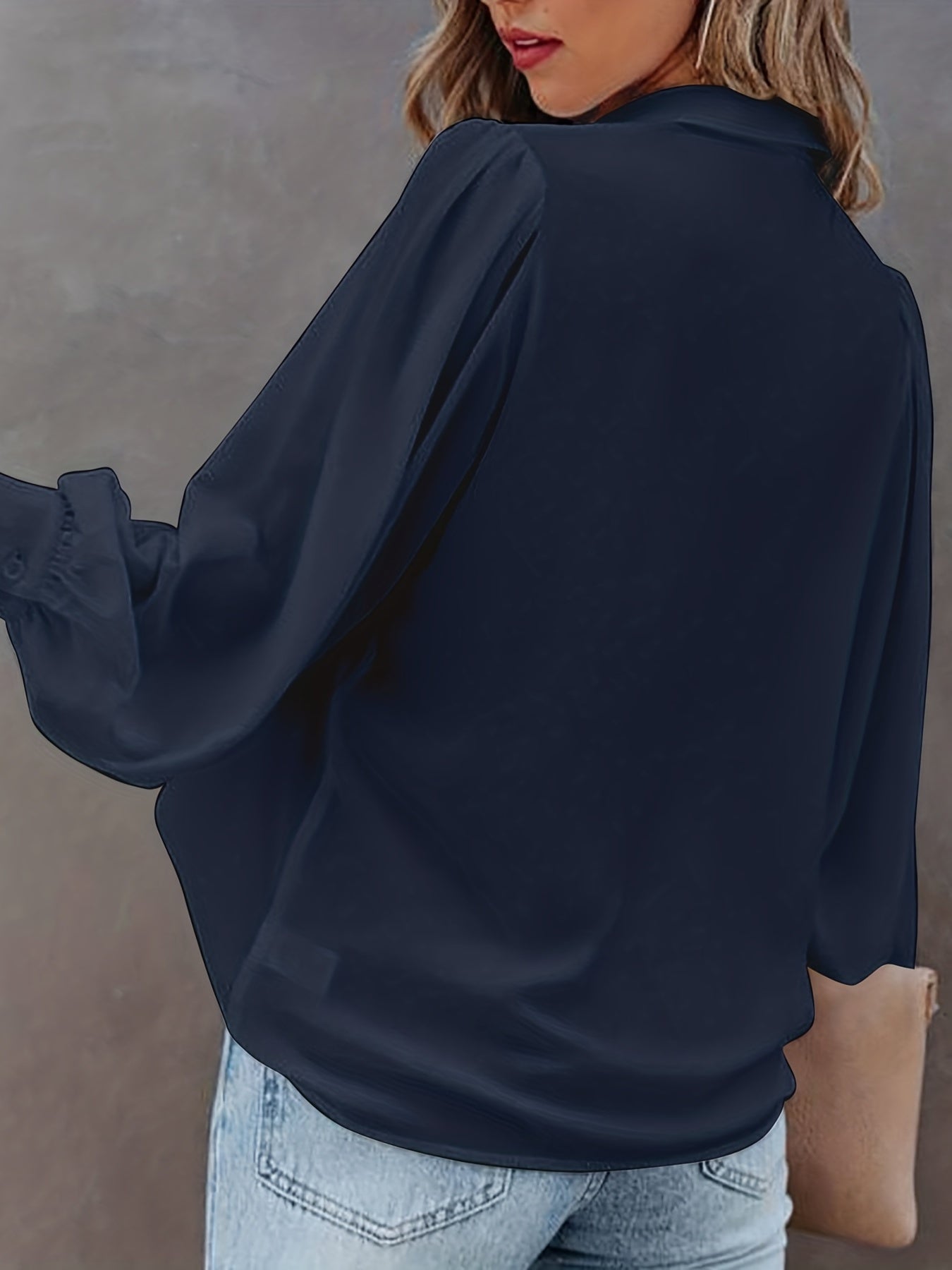 Solid Button Up Lantern Sleeve Blouse