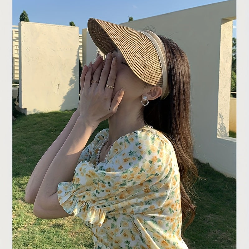 Sunscreen Straw Visor Hat Wide Brim UV Protection Ponytail Sun Hat