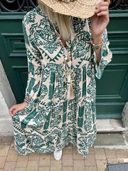  Geometric Print Bell Sleeve Maxi Dress