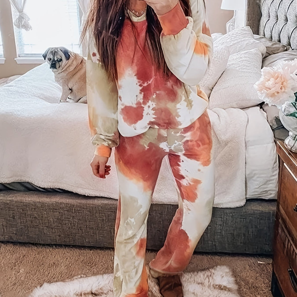 Women's Plus Tie Dye Long Sleeve Top & Pants Set