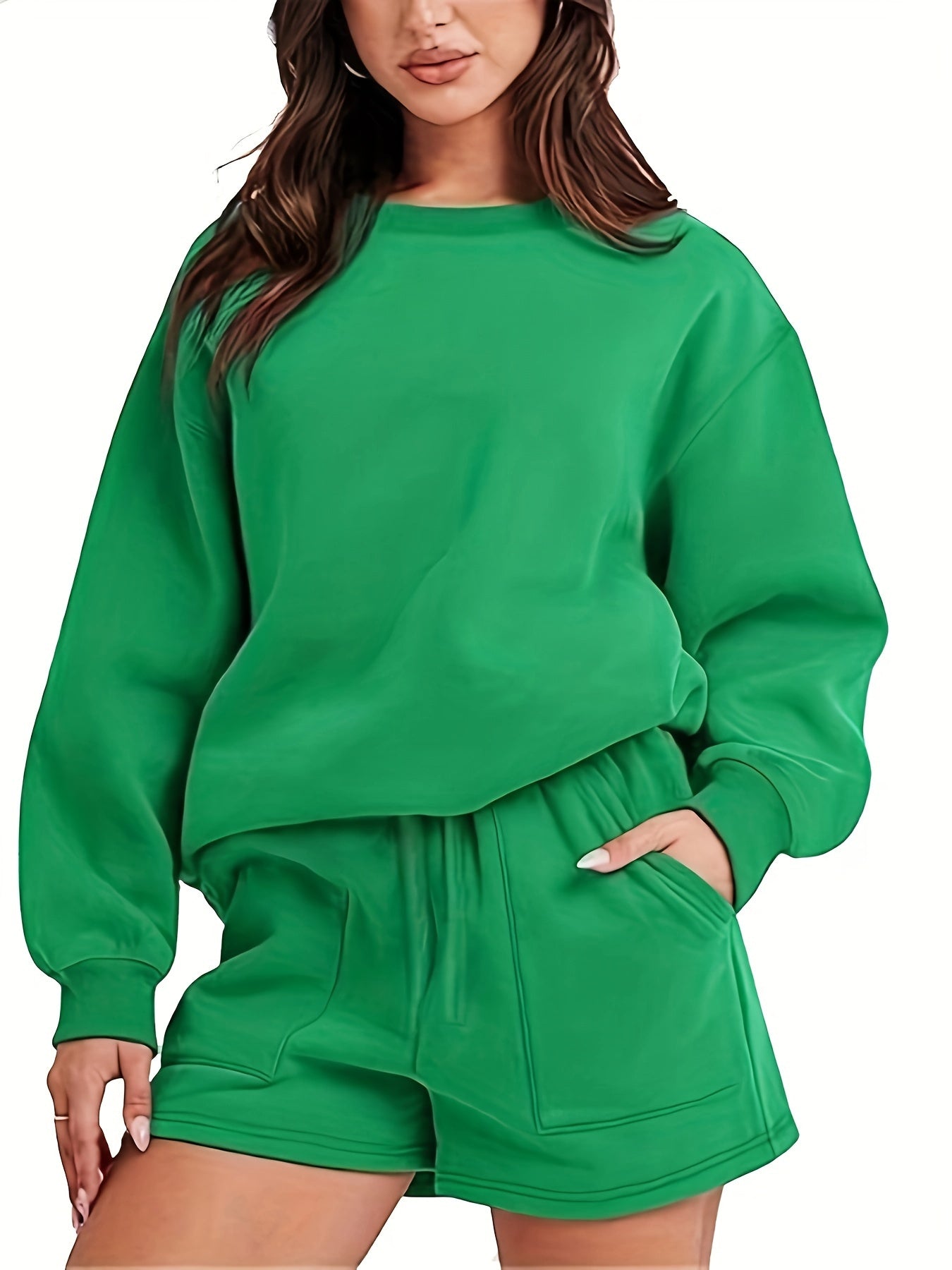  Solid Long Sleeve Top & Shorts Set Women's Casual 2 Piece