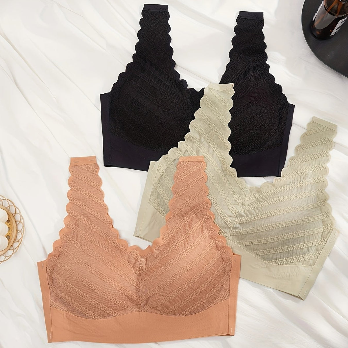 3pcs Lace Wireless Bras Comfy Scallop Trim Bra Women's Lingerie