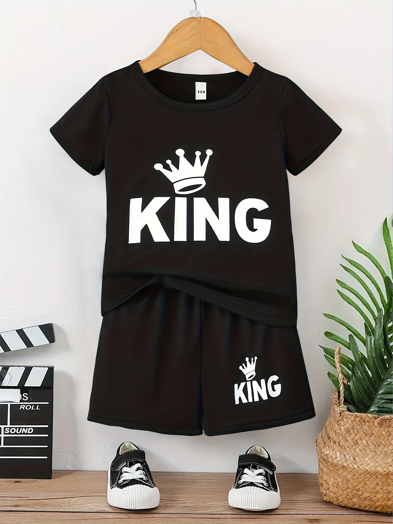 Boy's KING Crown Print T-shirt & Shorts Set for Summer