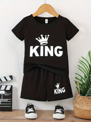 Boy's KING Crown Print T-shirt & Shorts Set for Summer