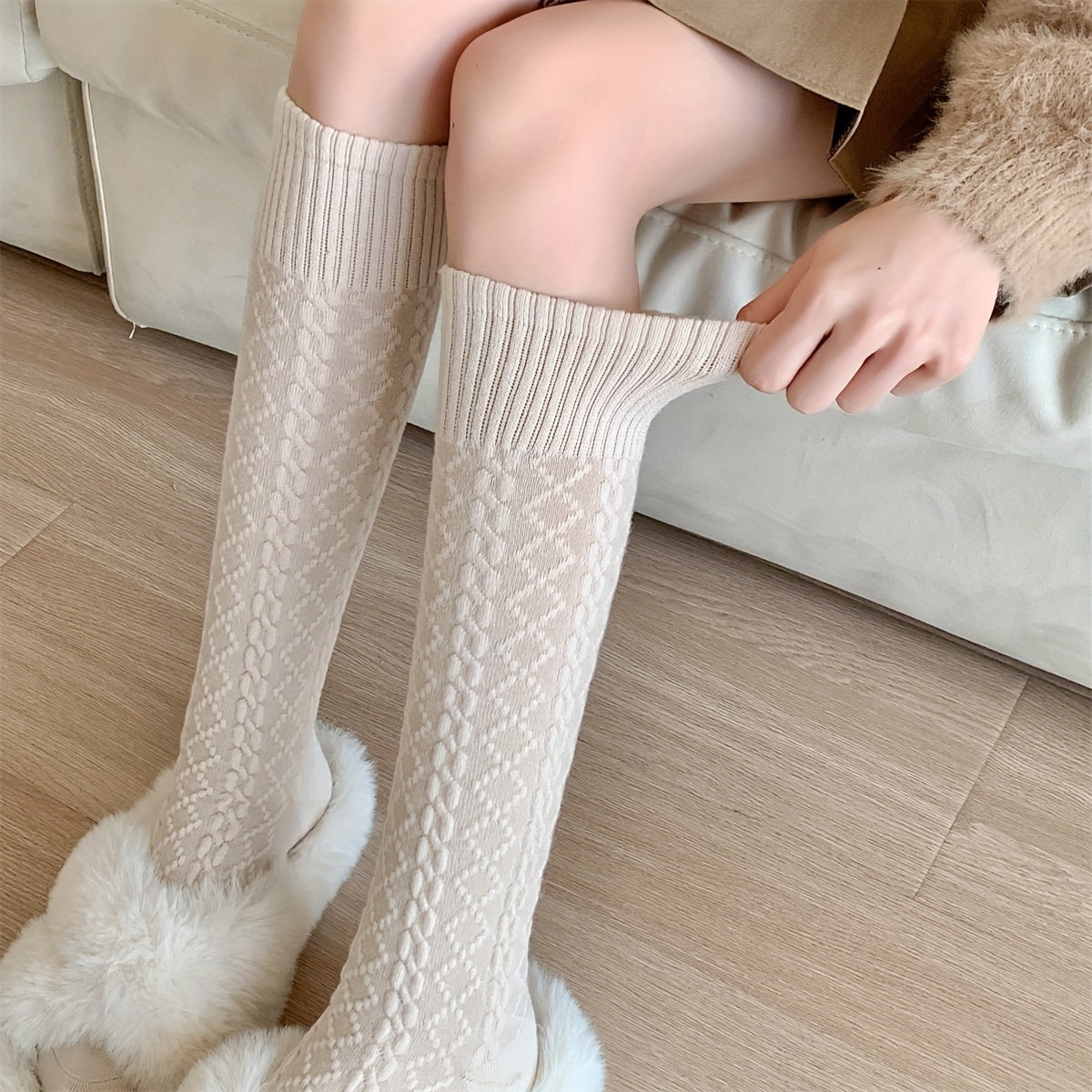 Argyle Textured Calf Socks Knee High Stockings Women's Hosiery