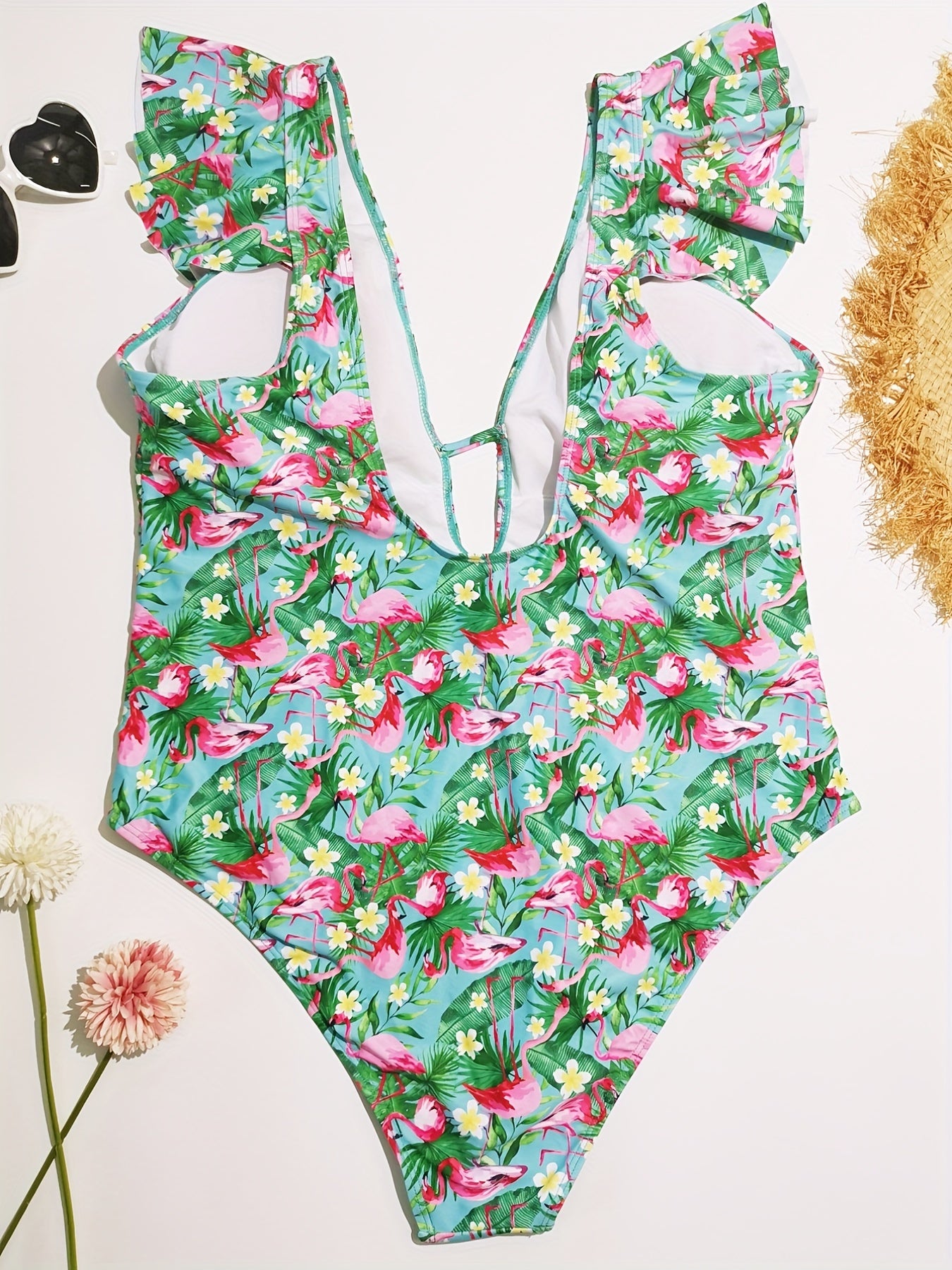  Sexy One Piece Swimsuit Women's Plus Tropical Print Cap Sleeve V Neck