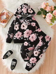 2pc Baby Girls Flower Print Hoodie Pants Set