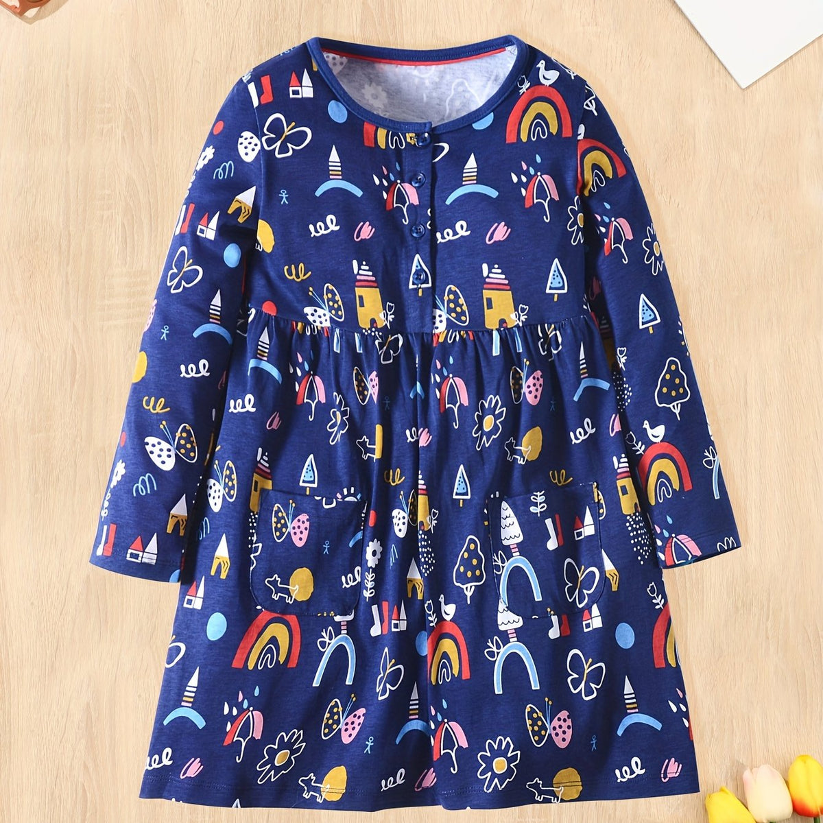 Girls Long Sleeve Cartoon Print Princess Dress