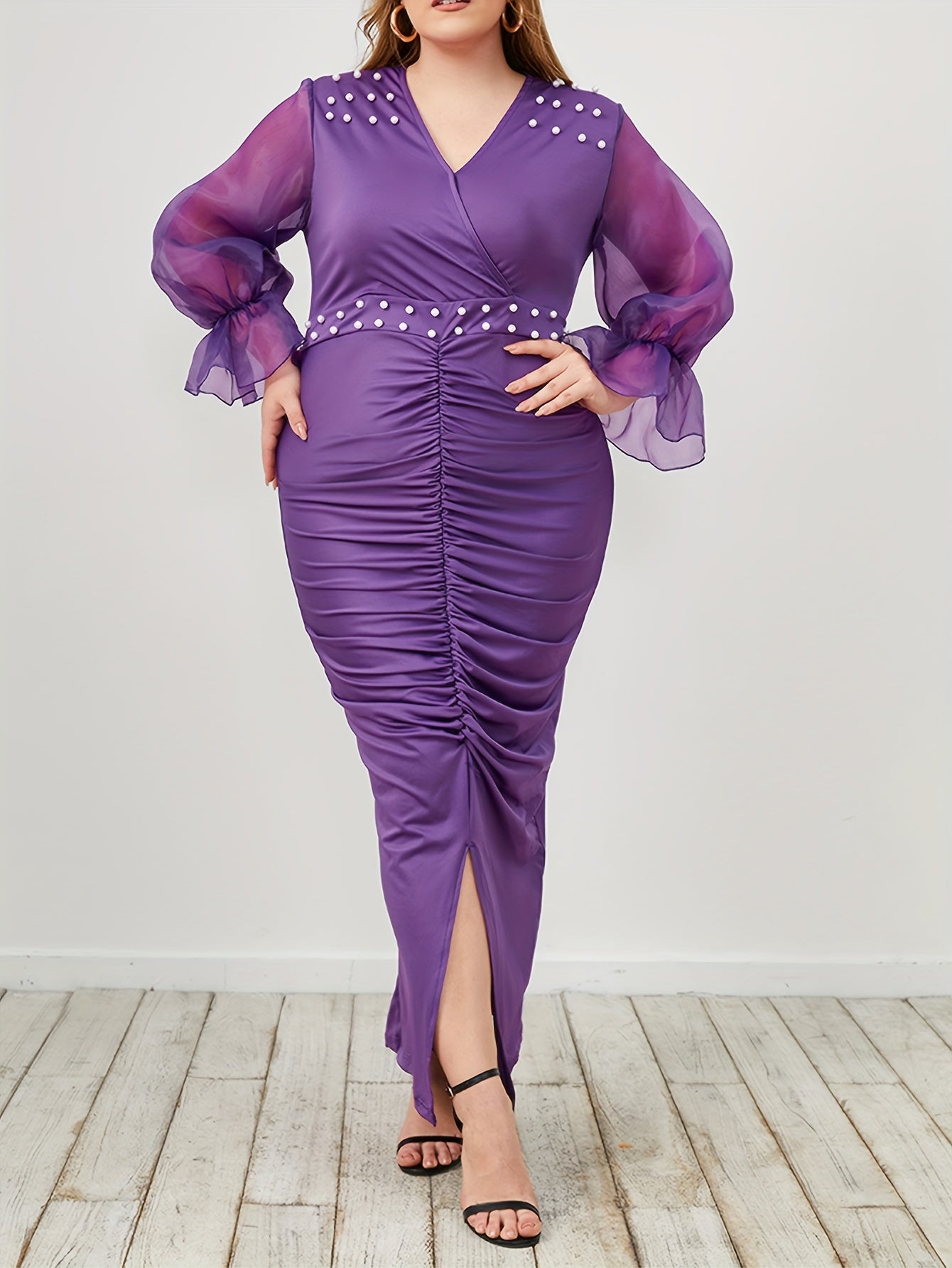  Maxi Dress Surplice Neck Ruched Split
