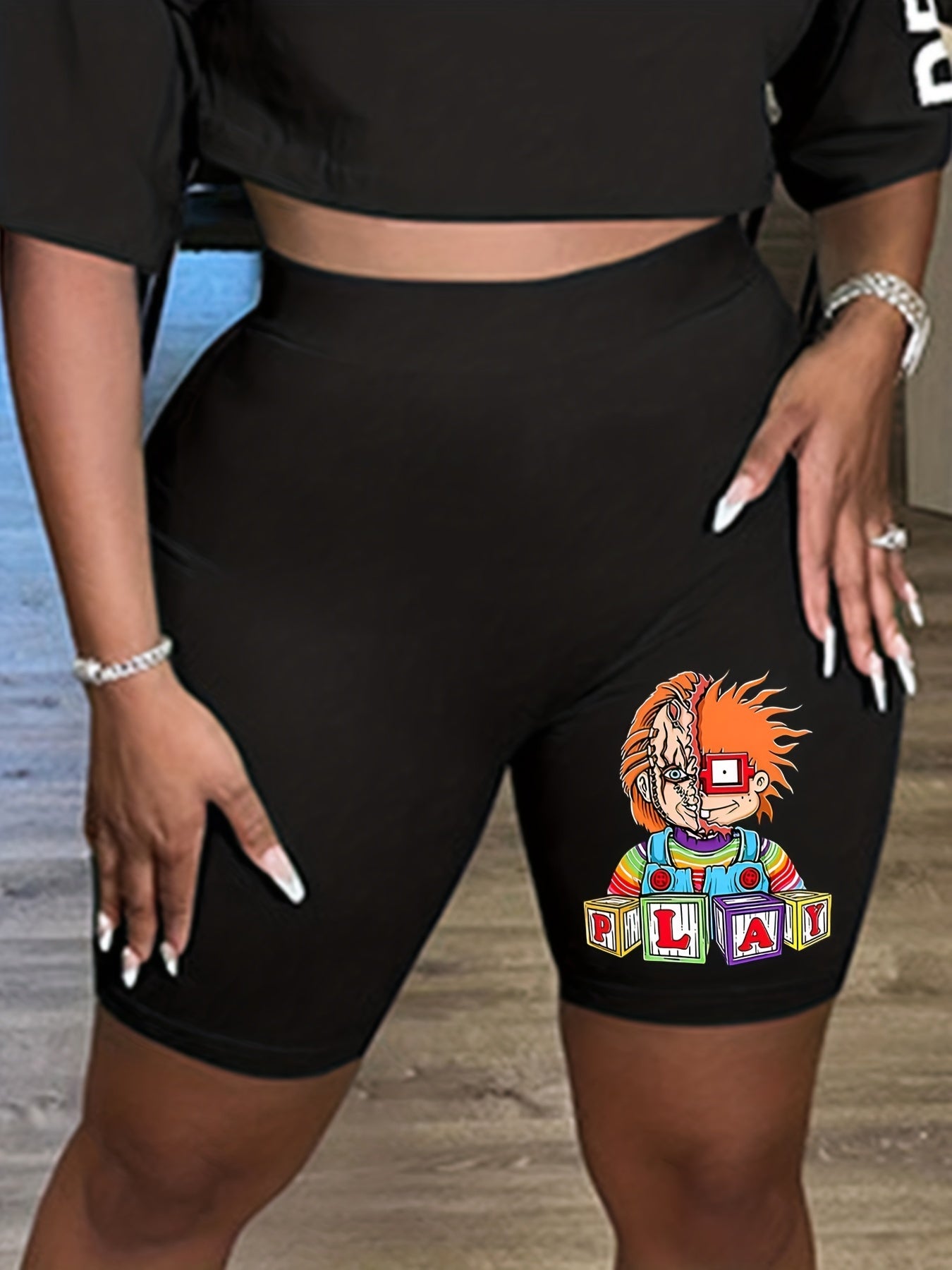  Casual Shorts Women's Plus Cartoon Figure Print High Rise Biker Shorts