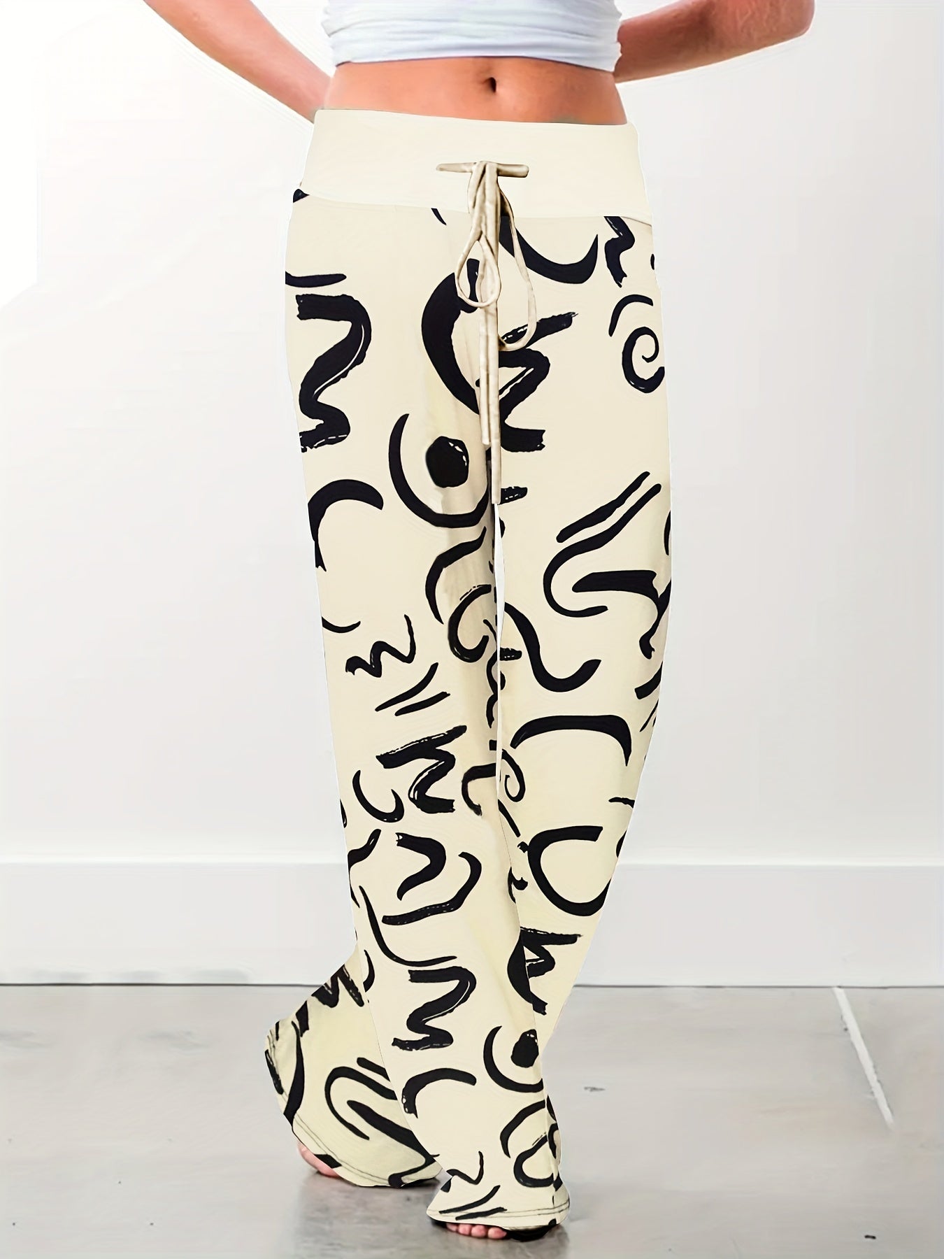  Graffiti Print Drawstring Waist Straight Leg Pants