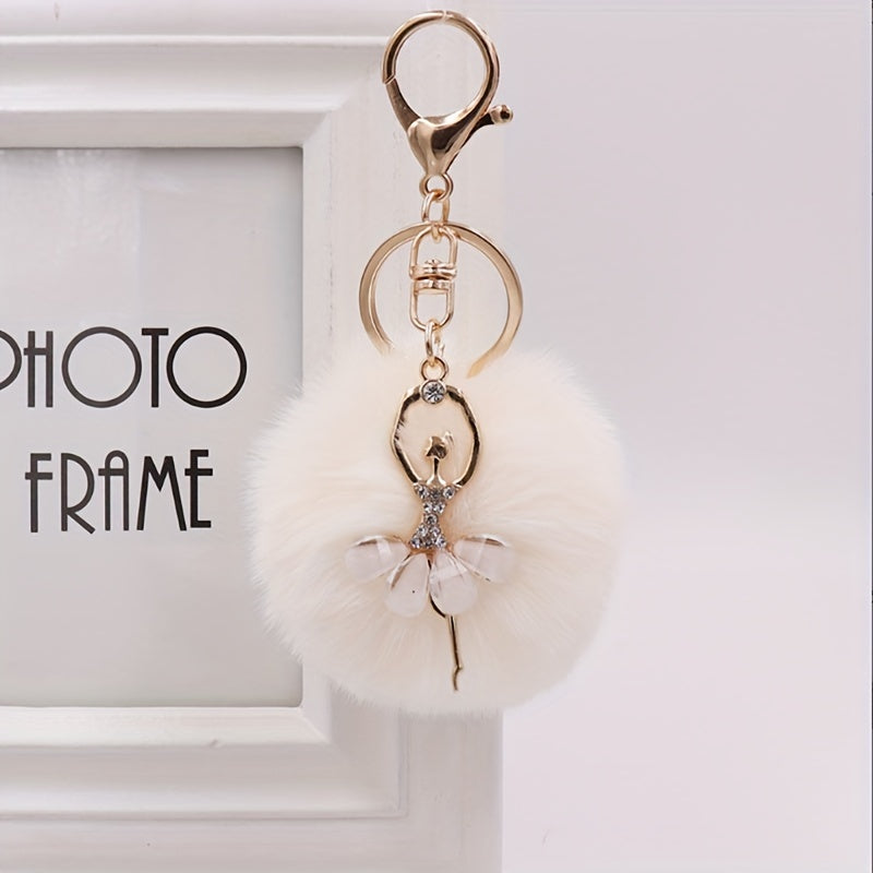 Ballet Girl Pom Pom Keychain Rhinestone Bag Accessory Car Pendant