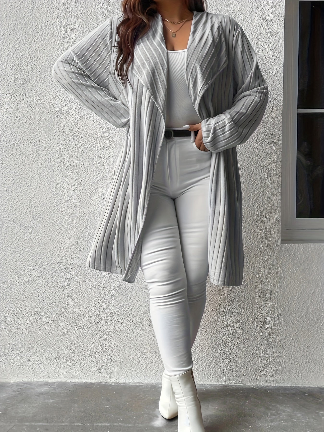  Solid Ribbed Long Sleeve Open Front Cardigan