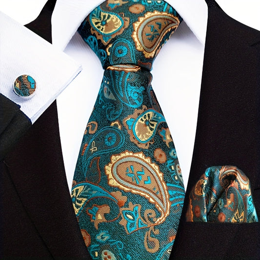 Men's Paisley Tie Jacquard Necktie Handkerchief Clip Set Gift
