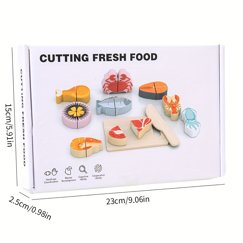 Wooden Reusable Play Kitchen Set with Fruits, Seafood, Desserts, and Cutting Kit