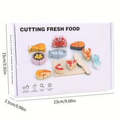 Wooden Reusable Play Kitchen Set with Fruits, Seafood, Desserts, and Cutting Kit