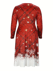  Plaid & Snowflake Print Round Neck Dress