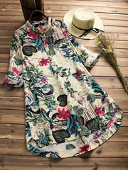  Tropical Print Long Sleeve Button Up Tunic Shirt Top