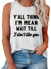 Plus Size Slogan Print Tank Top Round Neck Stretchy Casual Sleeveless Tee