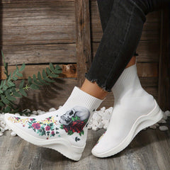 Women's Skull & Rose Print Sock Boots