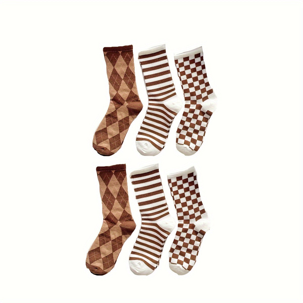 6 Pairs Plaid & Striped Socks College Style Women's Stockings