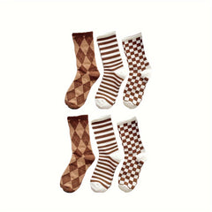 6 Pairs Plaid & Striped Socks College Style Women's Stockings