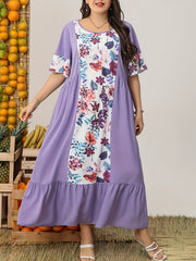  Colorblock Floral Print Butterfly Sleeve Maxi Dress