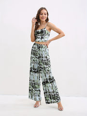Geo Print Set Spaghetti Strap Top & Wide Leg Pants Outfit