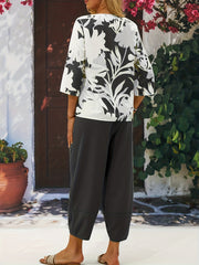 Plant Print 3/4 Sleeve Crew Neck Two Piece Set