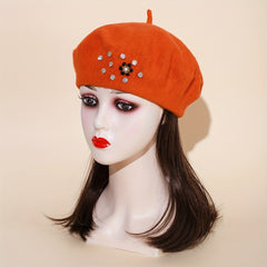 Orange Beads Flower Beret Cap Women Warm Elastic Berets Beanie