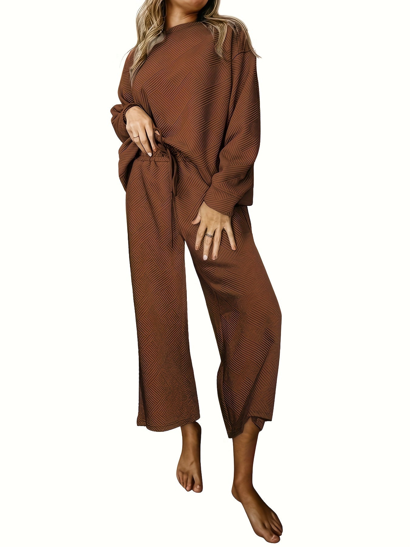  Women's Solid Top & Drawstring Pants 2 Piece Set