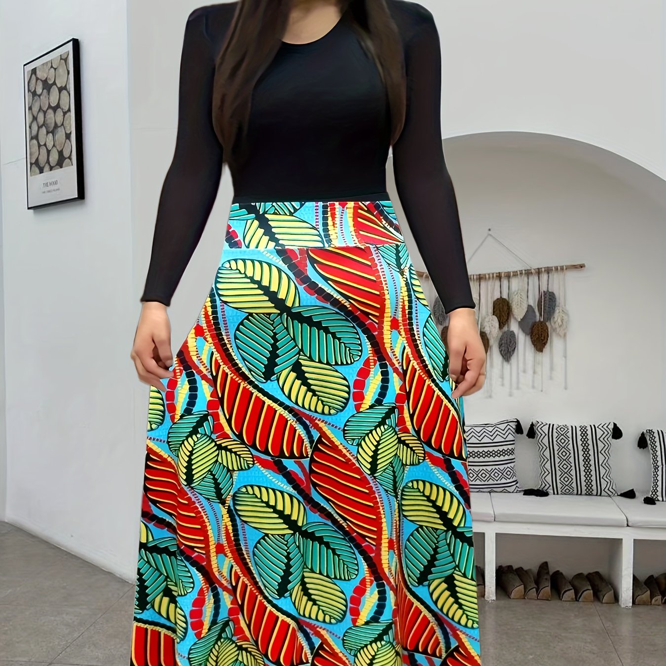  Colorblock Leaf Print Round Neck Maxi Dress